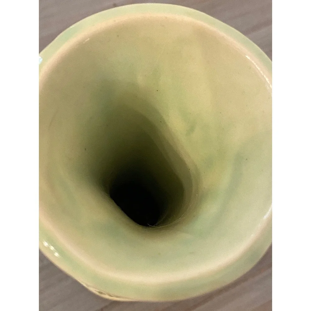 Vintage McCoy Bird and Nest Ceramic Bud Vase Celadon Green Brown Drip Glaze